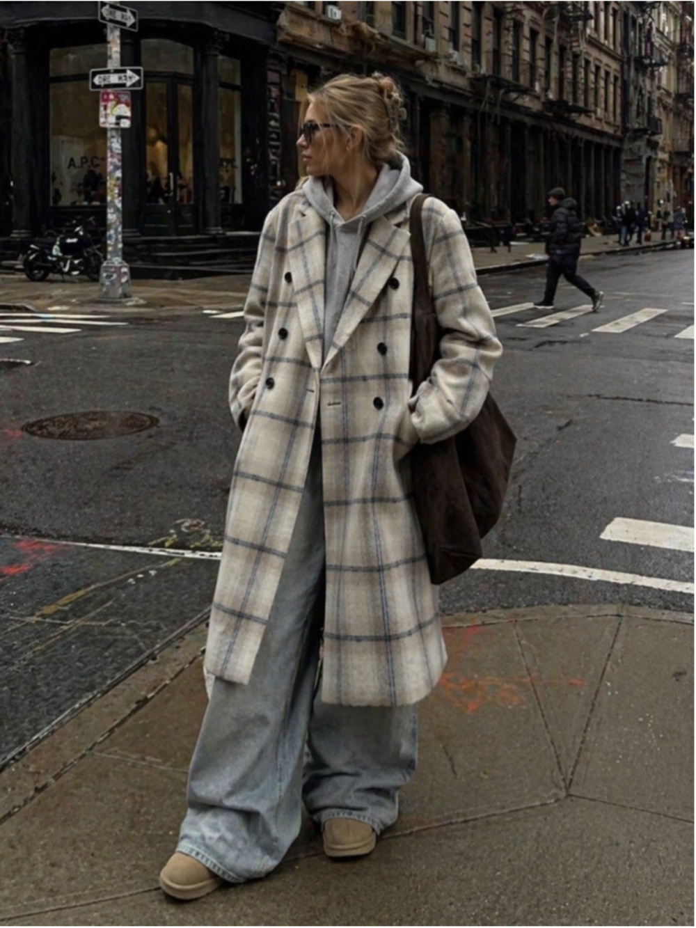 Ski by Tannin Plaid Wool Blend Coat White Check Double Breasted Oversized nwt